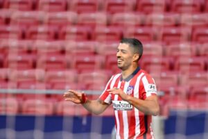 Uruguayan striker Luis Suarez after scoring one of his two goals on his Atletico Madrid debut. Photo/Agencies