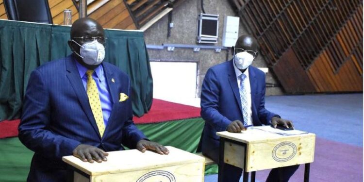 Education CS George Magoha and PS Belio Kipsang at the KICC in Nairobi on September 11, 2020 during a meeting on preparations ahead of the phased re-opening of schools. Photo/Nation
